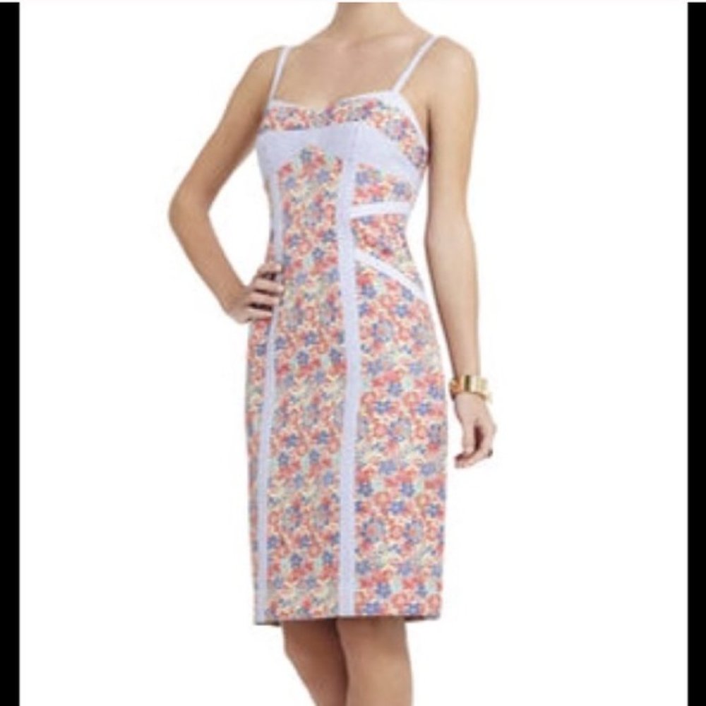 NWT BCBG Maxazria Ayla Bustier Floral Sheath Seersucker Panel Dress Size 12